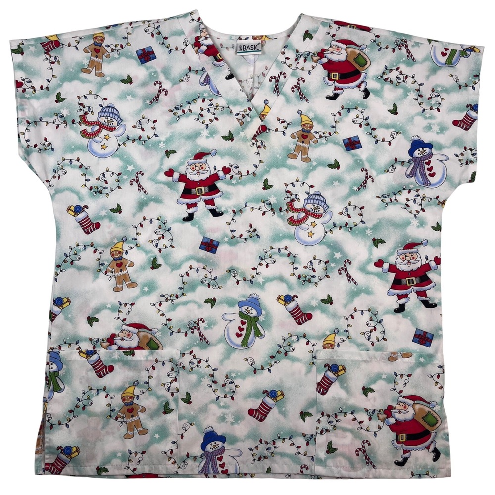 Vintage Christmas Scrub Top Santa Snowman Gingerbread Simply Basic XXL Women